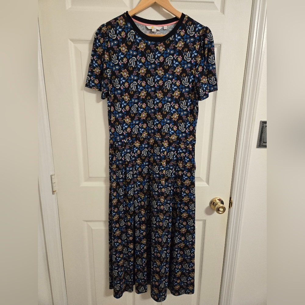 Boden Lucinda Blue and Brown Floral Jersey Midi Dress With Pockets Size 10